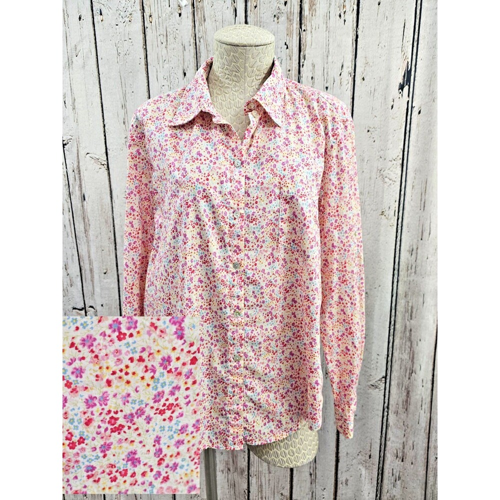 Women's 18 Linen Lawn Pink Floral Button Down Dress Shirt Blouse Long Sleeve EUC